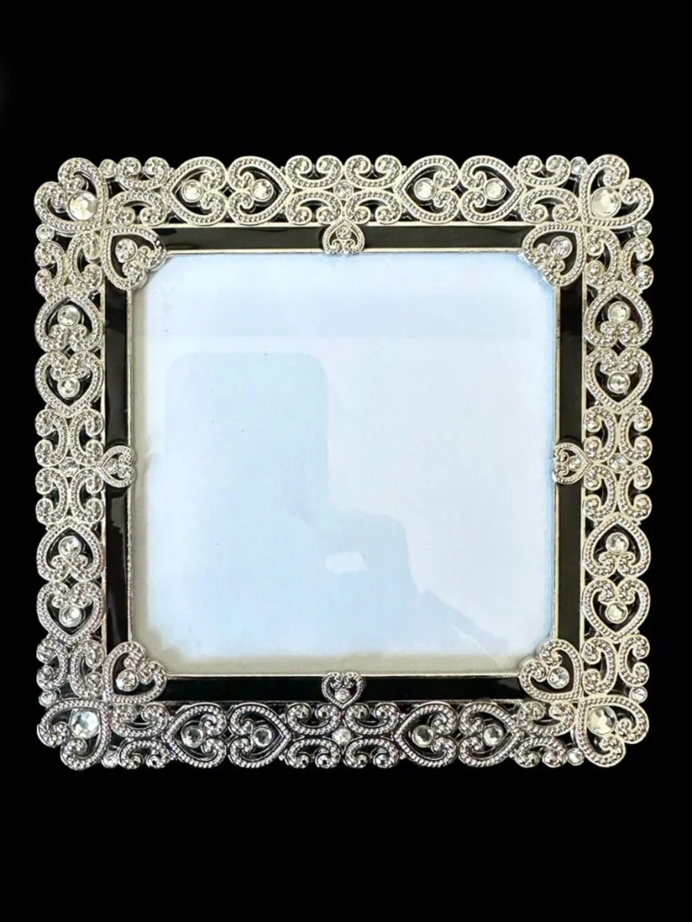 Vintage Two's Company Jeweled Filigree Heart Picture Frame Black Enamel Square